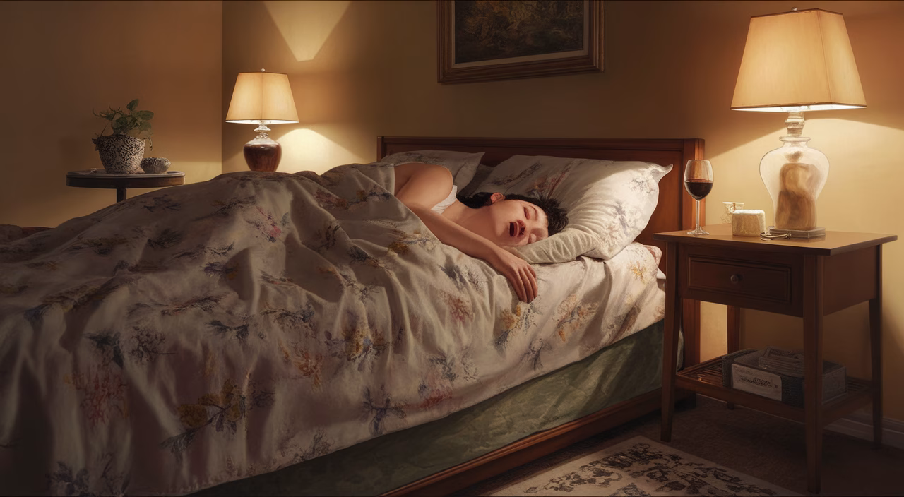 alcohol worsens snoring during sleep person sleeping with alcohol glass nearby
