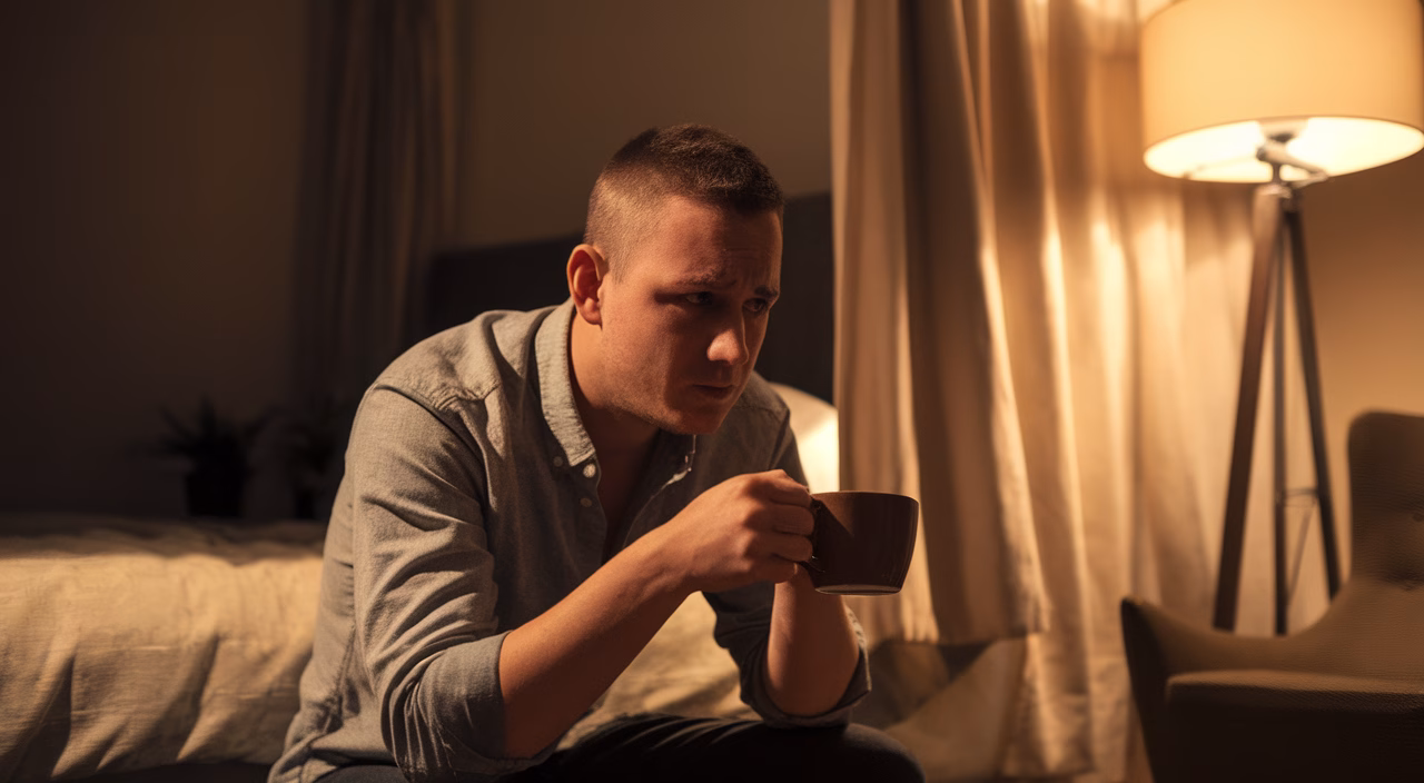 Caffeine disrupting deep sleep man with coffee struggling to sleep