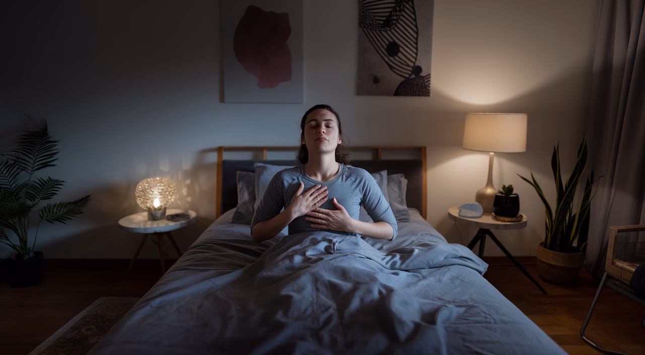 Bedtime diaphragmatic breathing practice Woman practicing diaphragmatic breathing at bedtime