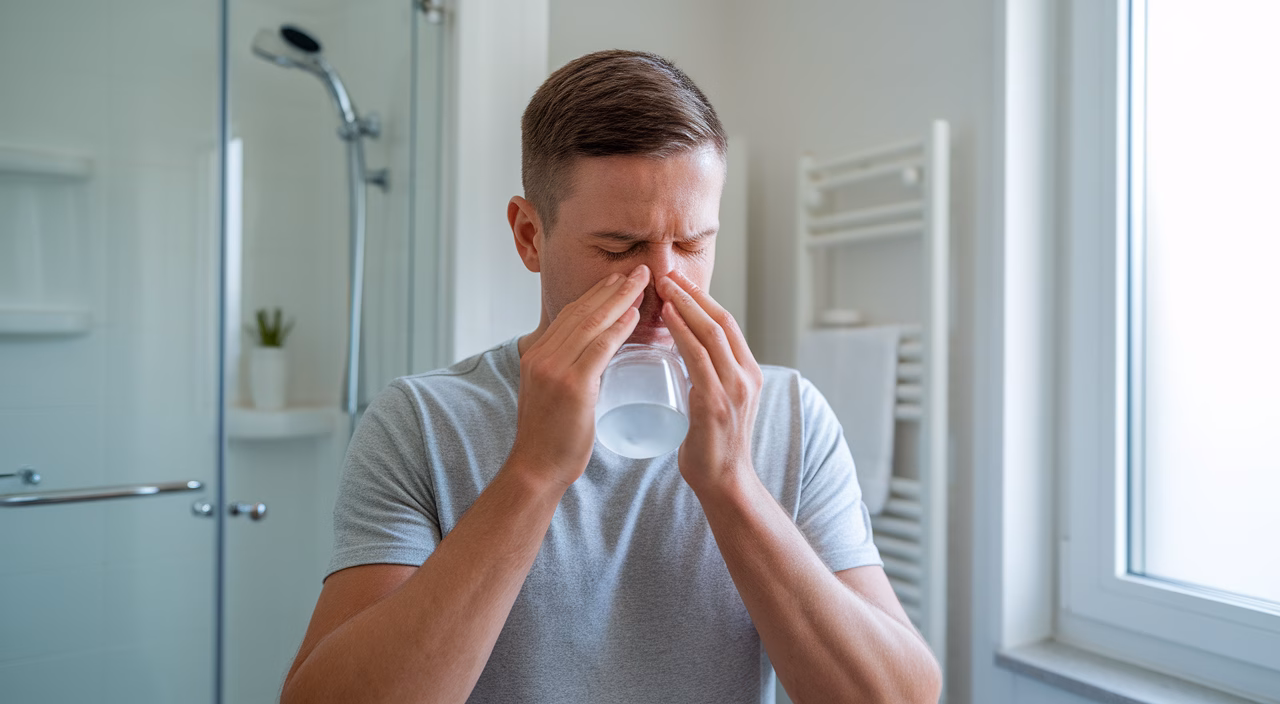 Man using Neti pot for congestion