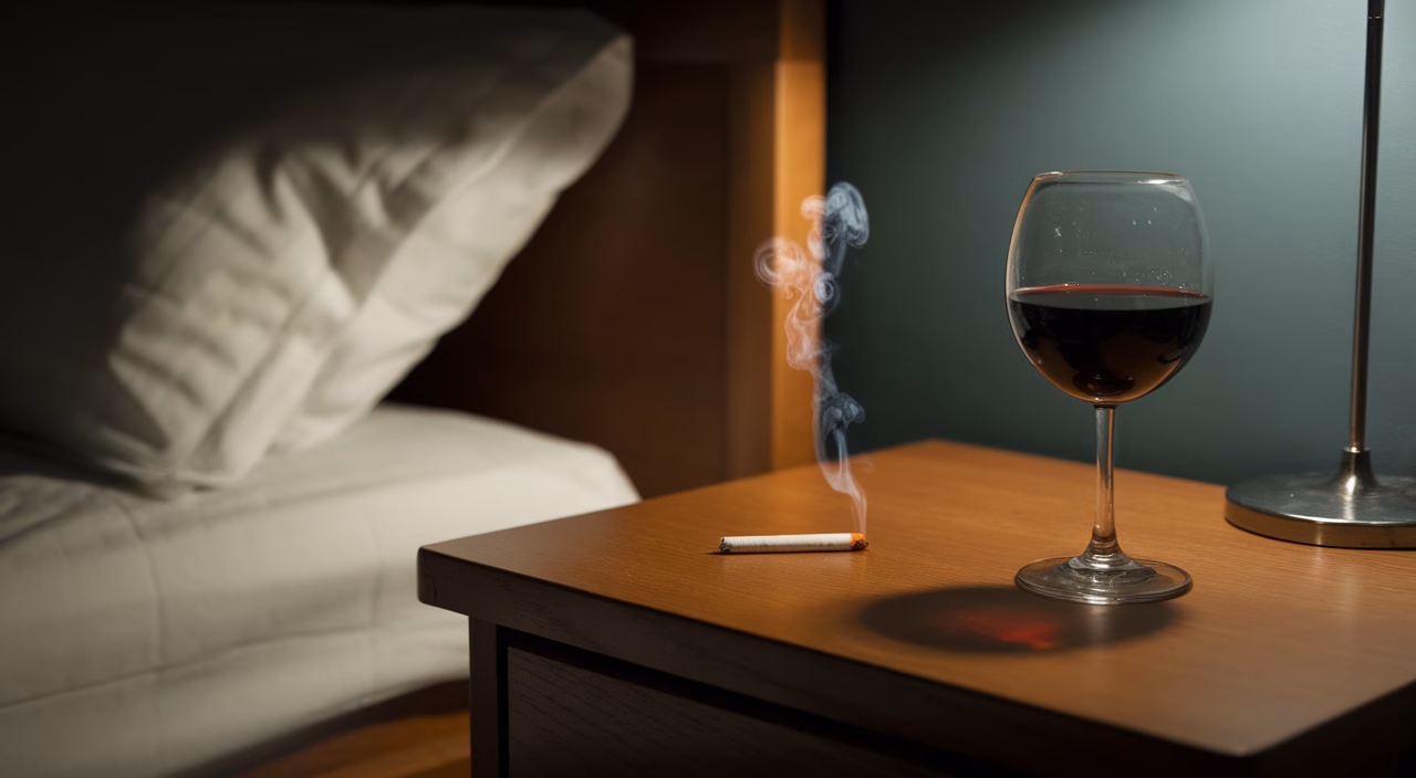 Glass of wine and cigarette on nightstand