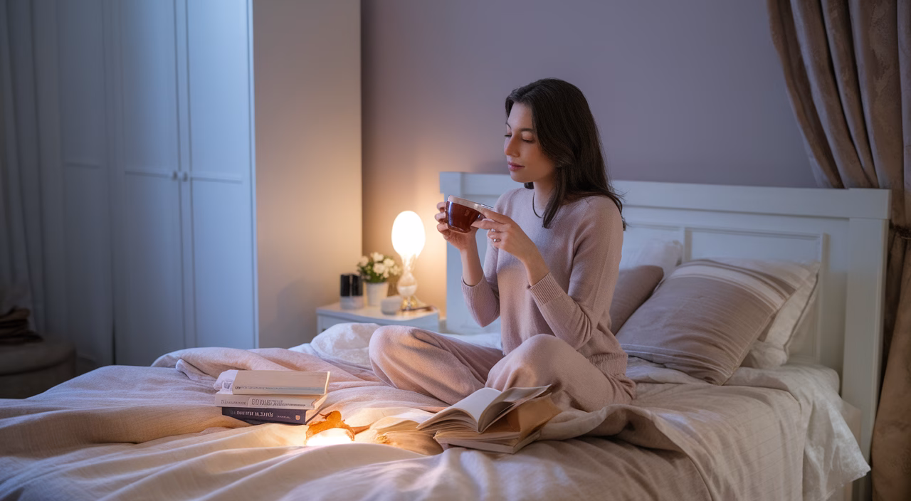 Bedtime routine without caffeine woman relaxing with tea